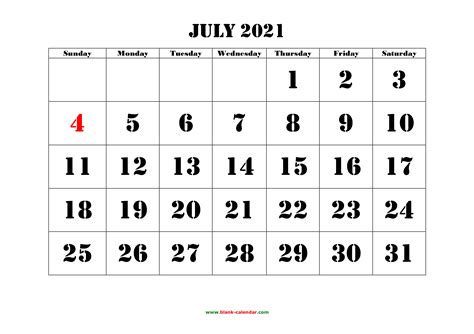 July 2021 Calendar With Dates Empty Calendar