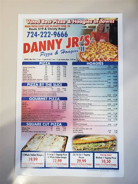 Menu At Danny Jrs Pizza And Hoagies Pizzeria Eighty Four