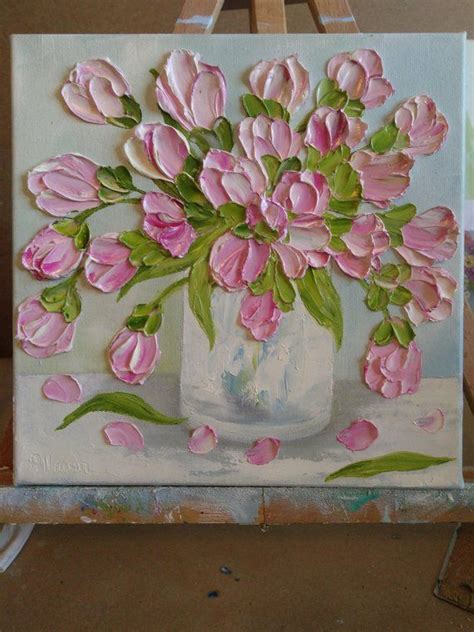 Cottage Chic Soft Pink Tulips Oil Painting Impasto Oil Painting Tulip