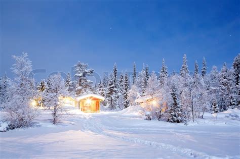 Winter Landscape With Cabin Hut At Night In Kiruna Sweden