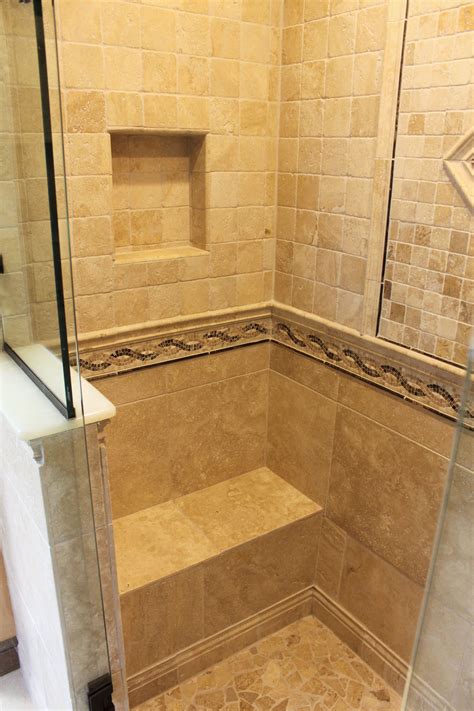 Walk in shower with custom built shower seat and recessed shelf