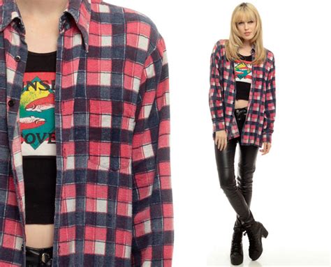Oversized Flannel Shirt 80s Plaid Shirt Red White Blue 90s Grunge Faded