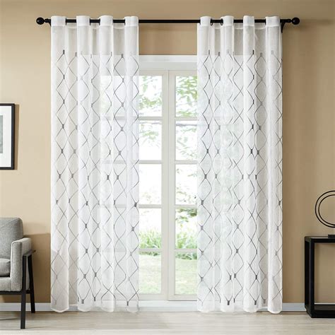 Topfinel White Voile Curtains 98 Drop 1 Panel Eyelet Grey Embroidered