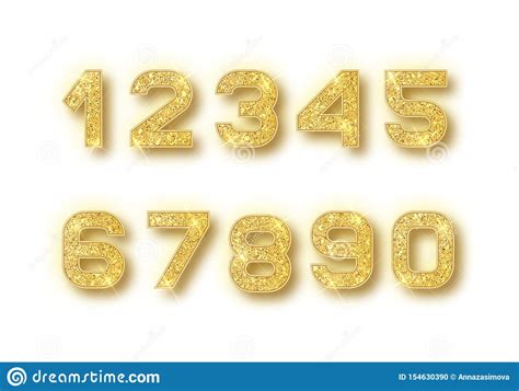 Gold Glitter Alphabet Numbers Set With Shadow Vector Realistick