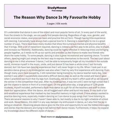 The Reason Why Dance Is My Favourite Hobby Free Essay Example