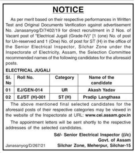 Inspectorate Of Electricity Assam Recruitment Result Grade Iv