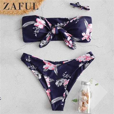 Zaful Bandeau Bikini Side Boning Floral Tie Front Bikini Set Alambre