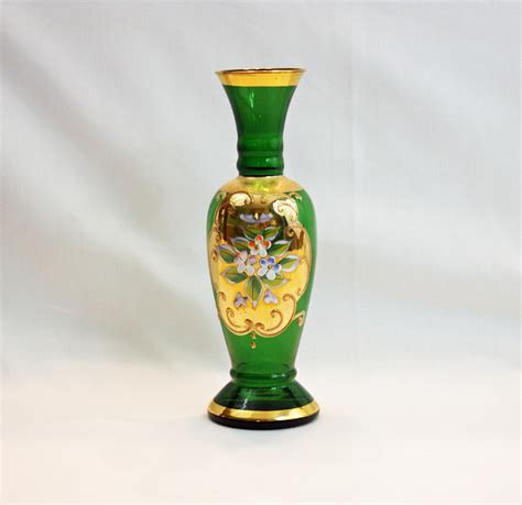 Vintage Lefton Emerald Green Bud Vase Gold Gilding Enamel Flowers Hand Blown Hand Painted