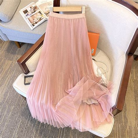 Tigena Sweet Pink Tulle Long Skirt For Women Autumn Korean Elegant