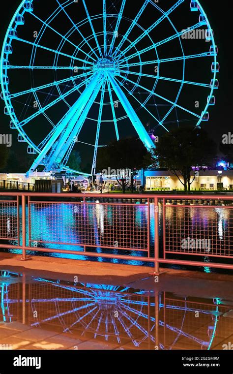 Night View Of The La Grande Roue De Montreal At The Old Port In Montreal Quebec Canada Stock