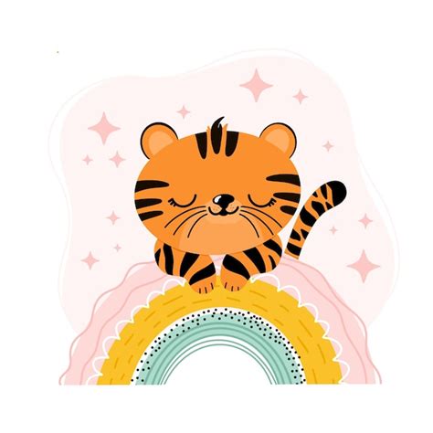 Um filhote de tigre fofo deitado em um arco íris é uma ilustração fofa