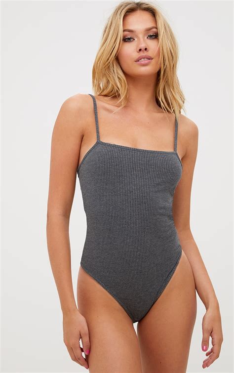 Grey Ribbed Square Neck Thong Bodysuit Tops Prettylittlething