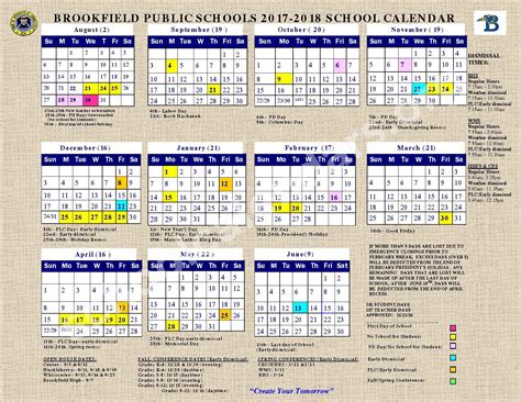 2017 2018 District Calendar Brookfield Public Schools Brookfield Ct