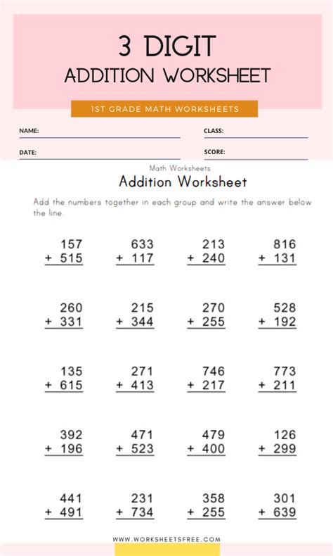 3 Digit Addition Worksheet Grade