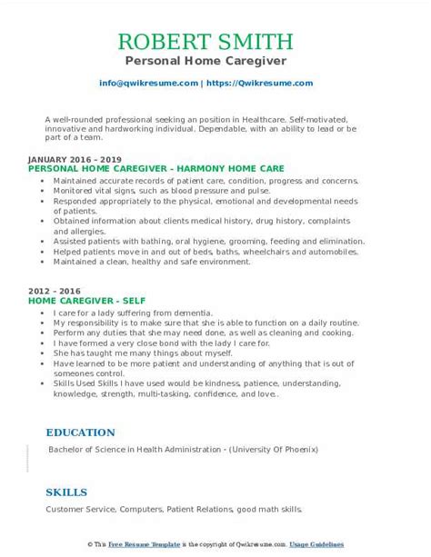 Home Caregiver Resume Samples Qwikresume