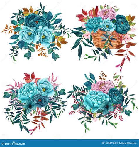 Watercolor Bouquets With Teal Flowers Isolated On White Background