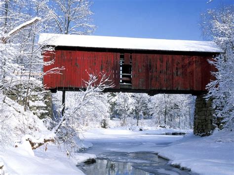 Winter Landscapes Covered Bridges Rustic Bridge Winter Scenes