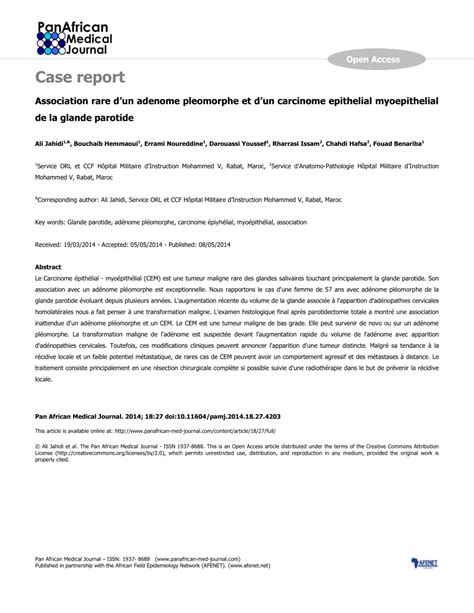 Pdf Pleomorphic Adenoma A Rare Association And Epithelial Myoepithelial Carcinoma Of The