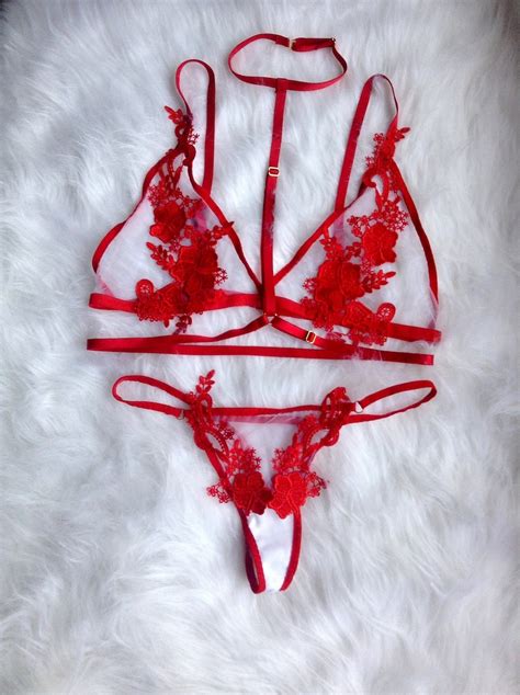 Red Lace Lingerie Set Sheer Lingerie Set See Through Etsy