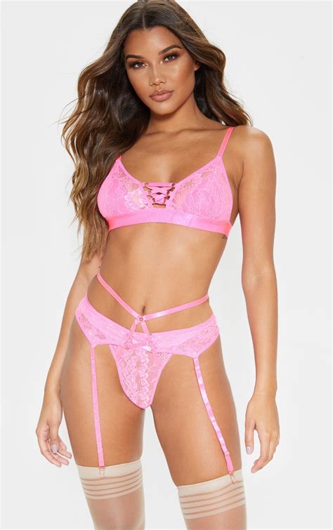 Hot Pink Lace Up Ring Detail Lingerie 3 Piece Set Prettylittlething Aus
