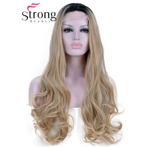 Ombre Blonde Glueless Lace Front Wigs 2 Tone Color Black Roots Long
