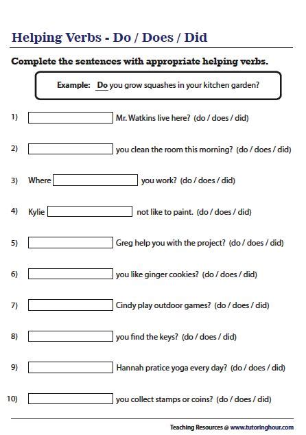 Do Does And Did Worksheet Helping Verbs Simple Subject Past Tense