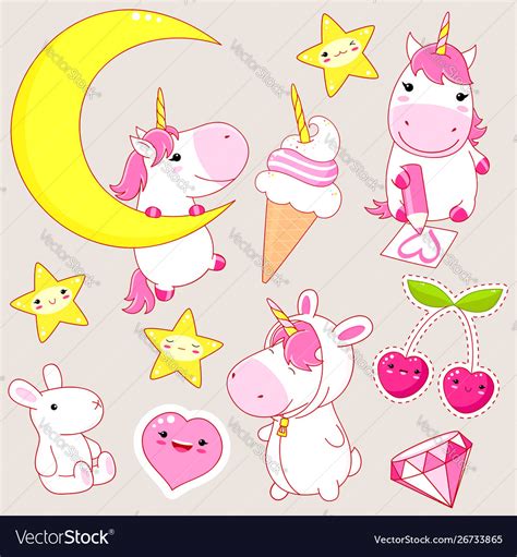 Set Cute Unicorns Stickers In Kawaii Style Vector Image