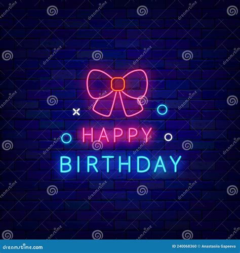 Happy Birthday Neon Sign Pink Bow Minimal Style Shiny Greeting Card