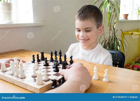 Smiling Preschool Boy Playing Chess Board Games Stock Image Image Of