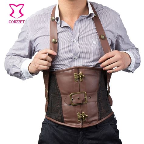 Brown Faux Leather And Brocade Halter Men Underbust Corset Steel Bone Waist Slimming Corsets