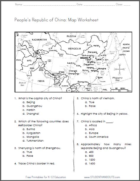 Ancient China Geography Map Worksheet