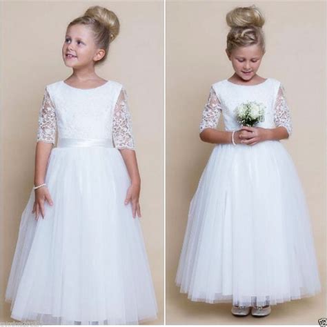 white 2019 flower girl dresses for weddings ball gown half sleeve tulle lace long first