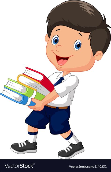 Cartoon Boy Holding A Pile Of Books Royalty Free Vector