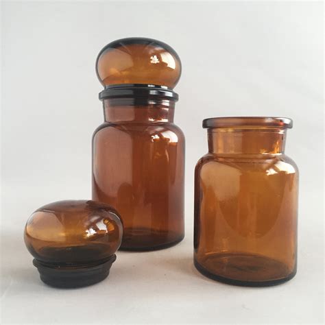 Set Of 1970s Apothecary Brown Glass Jars