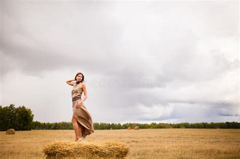 Young Beautiful Girl Standing On The Haystack Stock Image Image Of
