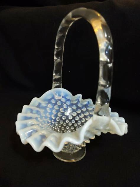 Fenton Hobnail Ruffled Edged Opalescent Moonstone Glass Basket Candy Dish White Ebay