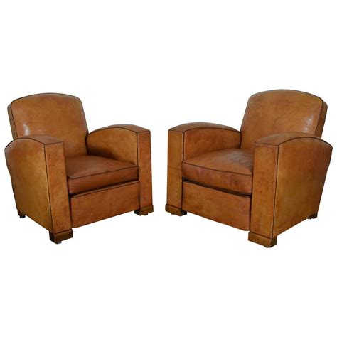 Pair Of French Art Deco Club Chairs In Light Tan Leather Perfect