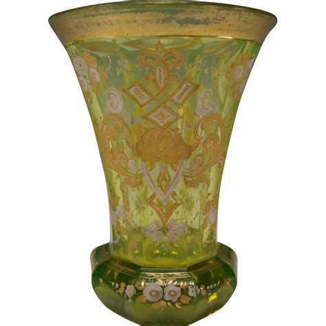 Antique Bohemian Moser Vaseline Uranium Enamel Glass Beaker Vase Sold On Ruby Lane