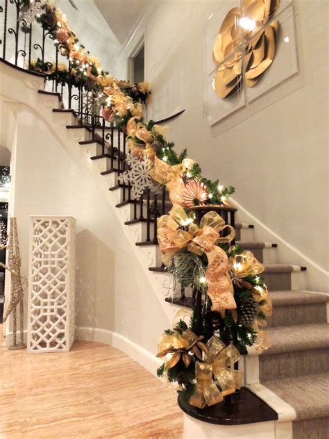 Entry Garland On Handrail Gold Ribbon On Pre Lit Garland With