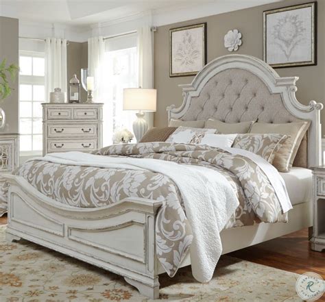 Magnolia Manor Antique White And Weathered Bark King Tufted Panel Bed