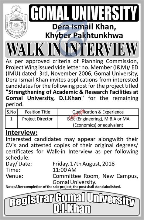 Gomal University Dera Ismail Khan Kpk Jobs Job Advertisement Pakistan