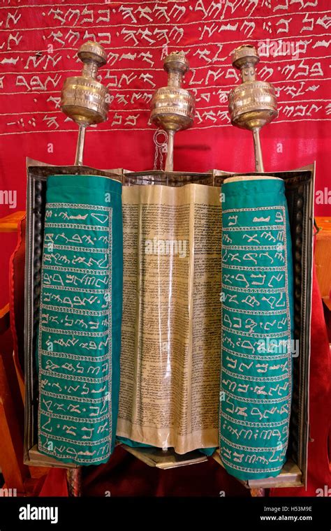 A Torah Scroll Written In Ancient Hebrew Displayed At The Samaritan