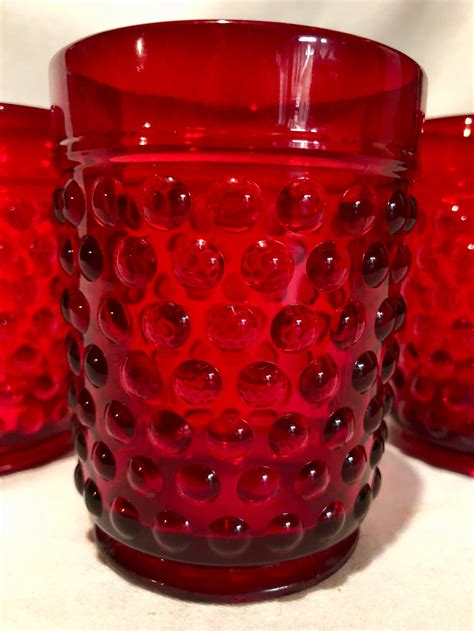 Antique Ruby Red Hobnail Depression Glass Juice Water Glass Set Of Five