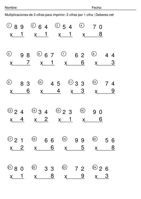 Multiplicaciones De 2 Cifras Para Imprimir 2 Cifras Por 1 Cifra Ficha 10
