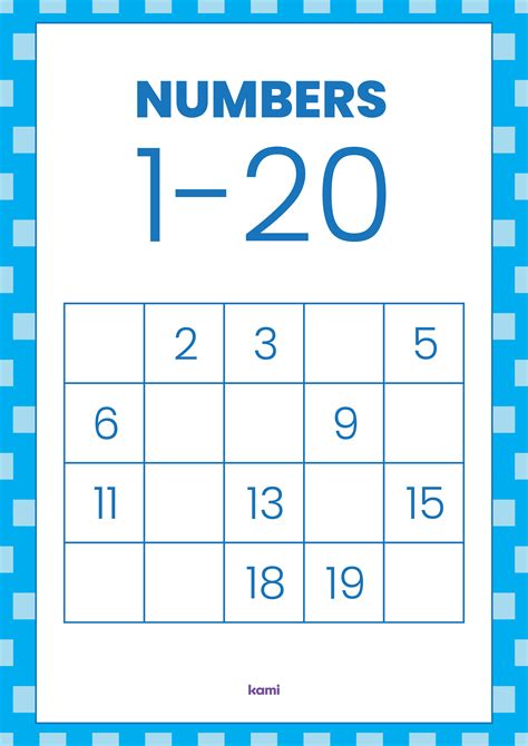 Number Chart Fill In The Blanks 1 20 Blue For Teachers Perfect For