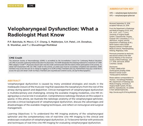 Dr Chang Published In Neuroradiology Journal On Velopharyngeal