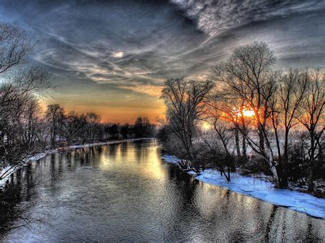 Sunset Winter River Banks With The Willow Trees Snow Sky Clouds Desktop