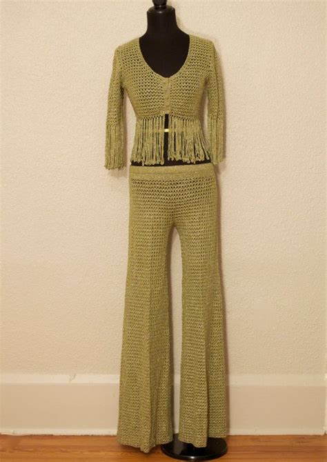 Stunning 60s 70s Crochet Flare Pants And Fringed Cropped Top Etsy