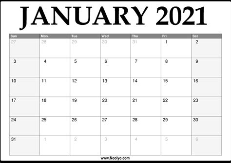 • the monthly calendar 2021 with 12 months on 12 pages (one month per page, us letter paper format), available in ms. 2021 January Calendar Printable - Download Free - Noolyo.com