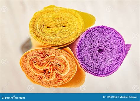 Three Rolls Of Multi Colored Crinkled Paper For Creativity And C Stock